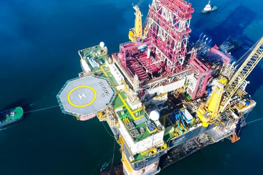 Bergen, Norway - June 27, 2014: Drilling platform in the port. Towing of the oil platform.