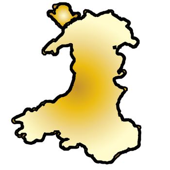 Outline map of Wales in gold and black the colours of the Saint Davids flag over white