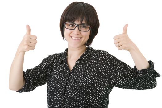 young happy beautiful woman going thumbs up, isolated in white