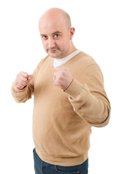 happy casual man showing his fists isolated on white background