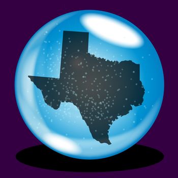 A crystal ball with the state of Texas map and snow over a purple background
