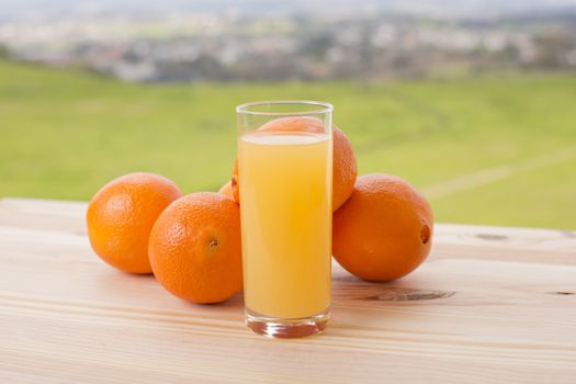 glass of delicious orange juice and oranges on table in garden