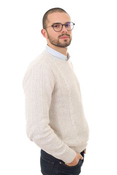 young casual man thinking, isolated on white background