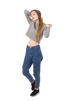 young casual beautiful woman full length, isolated in white