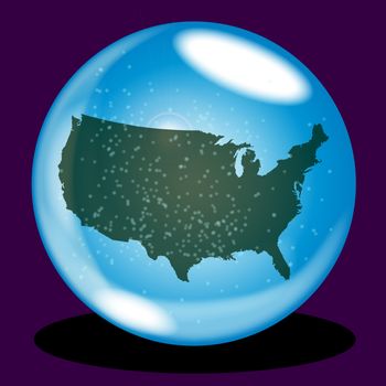 A crystal ball with United States map and snow over a purple background