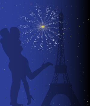 Paris at night with the Eiffel Tower and a couple kissing with firework explosion