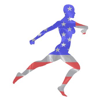 Runner in silhouette over a USA Stars and Stripes flag all over a white background