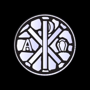An alpha omega symbol glass window over a black background