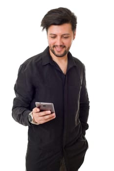 young casual happy man with a phone, isolated
