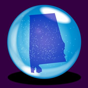 A crystal ball with the state of Alabama map and snow over a purple background
