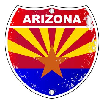 Arizona interstate sign with flag cross over a white background