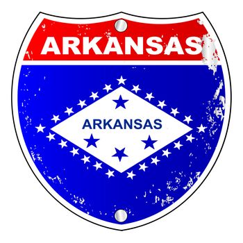 Arkansas interstate sign with flag cross over a white background