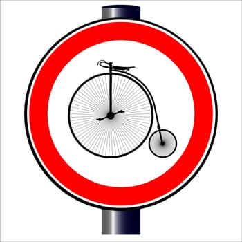 A large round red traffic sign displaying a penny farthing bicycle