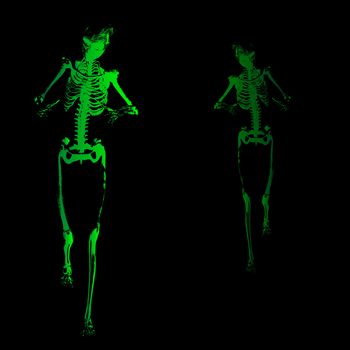 A green skeleton with outstretched arms all over a black background