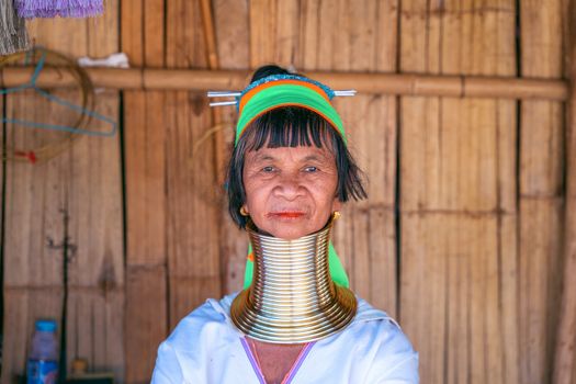 Long Neck Karen woman at hill tribe villages, Chiang Rai Province, Thailand.