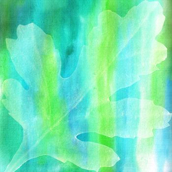Transparent oak leaves on blue-green watercolor background with stripes.