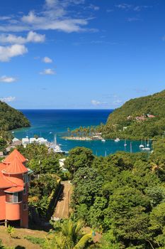 The view across Marigot Bay in St Lucia.  Marigot Bay is located on the west coast of the Caribbean island of St Lucia.