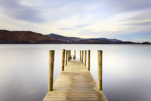 The pier is a landing stage on the banks of Derwentwater, Cumbria in the English Lake District national park.