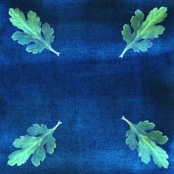 Oak leaves on blue watercolor background. Ornate, card, frame.