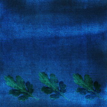 Oak leaves on blue watercolor background. Ornate, card, frame.