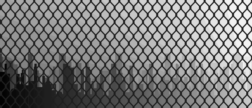 A typical chain link fence patern with cityscape behind