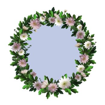 Wreath of flowers with space for text. Round frame with white and pink chrysanthemums, green leaves and twigs. Flowers and plants are arranged in a circle.