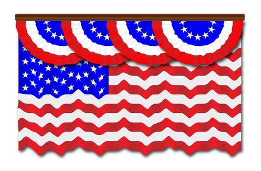 A row of Stars and Stripes bunting with the Stars and Stripes flag over a white background
