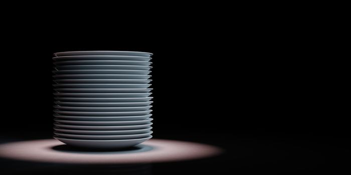 Heap of White Porcelain Dishes Spotlighted on Black Background with Copy Space 3D Illustration