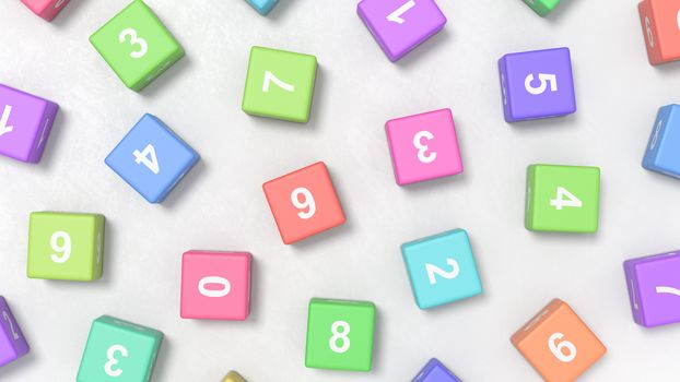 Numbers on Colofrul Cubes on a Light Gray Plastered Background 3D Illustration