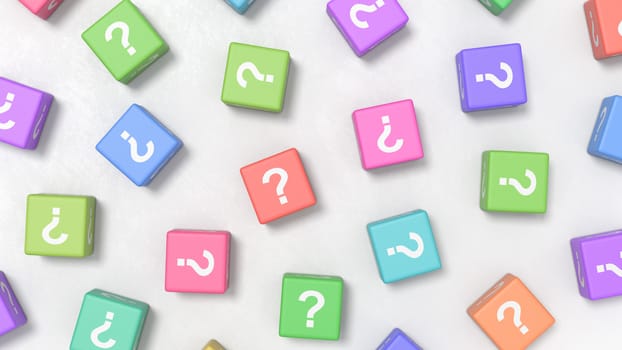 Many Question Mark on Colofrul Cubes on a Light Gray Plastered Background 3D Illustration