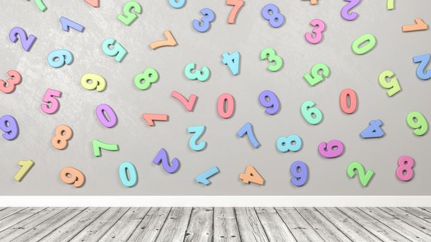 3D Colorful Numbers Against a Gray Wall in a Wooden Floor Room 3D Illustration