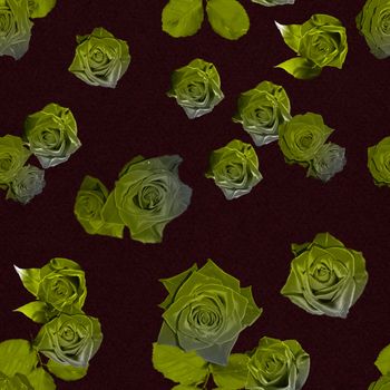 Chartreuse rose seamless pattern. Roses with green leaves on black background. Ornamental template for textile, backdrop, cover, print, card, banner, poster.