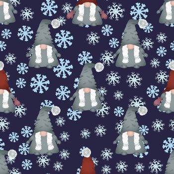 Christmas scandinavian gnomes seamless pattern on blue. Winter scene with snowflakes and dwarf or elf fairytale characters. Wallpaper, textile, wrapping paper design. Vector illustration.