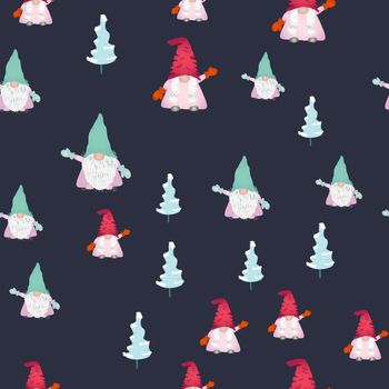 Christmas scandinavian gnome seamless pattern on black. Winter pine tree and dwarf or elf fairytale characters. Wallpaper, textile, wrapping paper design. Vector illustration.