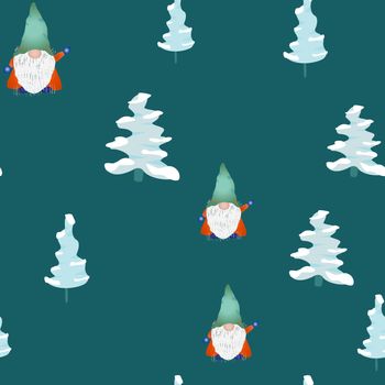Christmas scandinavian gnome seamless pattern on teal. Winter scene pine tree and dwarf or elf fairytale characters. Wallpaper, textile, wrapping paper design. Vector illustration.