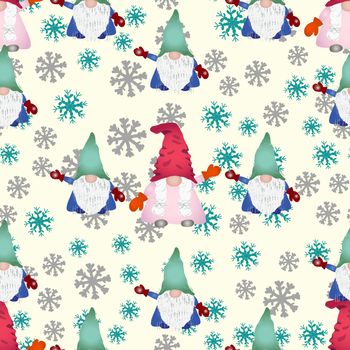 Christmas scandinavian gnomes seamless pattern on light backdrop. Winter scene with snowflakes and dwarf or elf fairytale characters. Wallpaper, textile, wrapping paper design. Vector illustration.