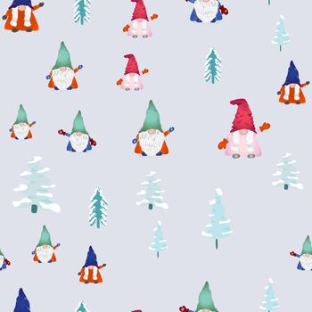 Christmas scandinavian gnomes seamless pattern on light blue. Winter landscape, pine trees and dwarf or elf fairytale characters. Wallpaper, textile, wrapping paper design. Vector illustration.