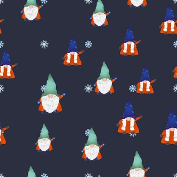 Colorful scandinavian gnomes seamless design on blue. Hand drawn dwarf or elf fairytale characters. Wallpaper, textile, wrapping paper design. Vector illustration.