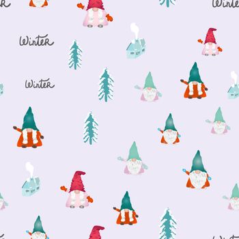 Christmas scandinavian gnomes seamless pattern on light blue. Hand drawn dwarf, winter house, hand lettering and pine tree. Wallpaper, textile, wrapping paper design. Vector illustration.