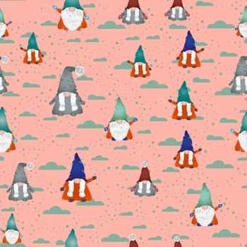 Colorful scandinavian gnomes seamless design on pink. Hand drawn dwarf or elf fairytale characters. Wallpaper, textile, wrapping paper design. Vector illustration.