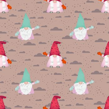 Cute scandinavian gnomes seamless design on beige. Hand drawn dwarf or elf fairytale characters. Wallpaper, textile, wrapping paper design. Vector illustration.