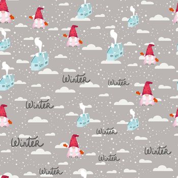 Scandinavian cute christmas gnomes seamless design. Hand lettering winter word, cute dwarf, snow scene. Wallpaper, textile, wrapping paper design. Vector illustration.