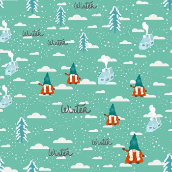 Scandinavian folklore christmas gnomes, pine trees and winter house with snow seamless design. Vector illustration.
