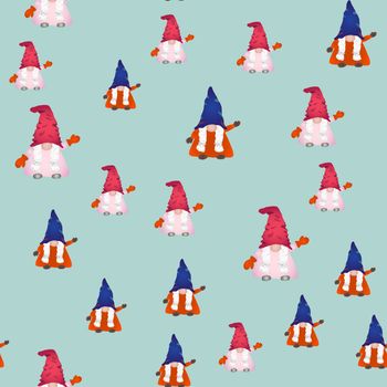 Scandinavian folklore christmas gnomes seamless pattern. Cute nordic christmas fairytale characters endless design. Vector illustration.