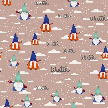 Scandinavian folklore christmas gnomes seamless design. Hand lettering winter word, cute dwarf, snow scene. Wallpaper, textile, wrapping paper design. Vector illustration.