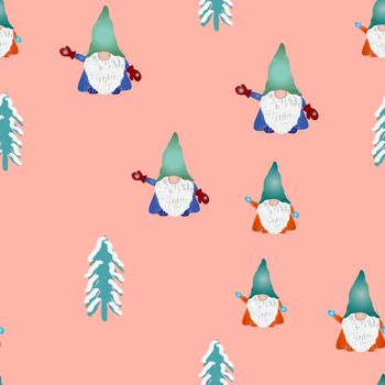 Scandinavian folklore christmas gnomes Nisse Tomte seamless pattern. Cute nordic christmas fairytale characters endless design. Vector illustration.