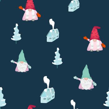 Scandinavian christmas gnomes seamless pattern on blue. Hand drawn winter house, christmas pine tree. Wallpaper, textile, wrapping paper design. Vector illustration.