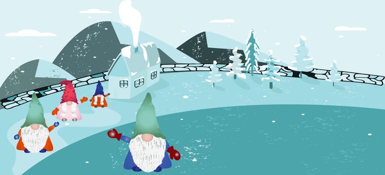 Scandinavian folklore christmas gnomes Nisse or Tomte waving welcome into house. Winter background with a peaceful village mountain landscape. Vector illustration.