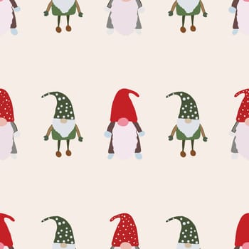 Seamless design with scandinavian gnomes. Beautiful festive design with elves decorations. For wrapping paper, textiles, fabric. Flat cartoon style vector illustration.