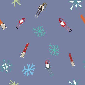 Seamless design with scandinavian gnomes and winter snowflakes. Beautiful festive design with elves decorations. For wrapping paper, textiles, fabric. Flat cartoon style vector illustration.